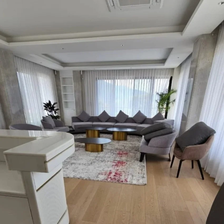 Complete Luxury Living Room Interior with Parquetting, Curtains and Sofa