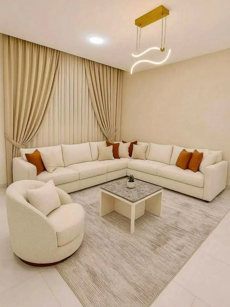 Modern Living Room with Curtains, Sofa and Chandelier
